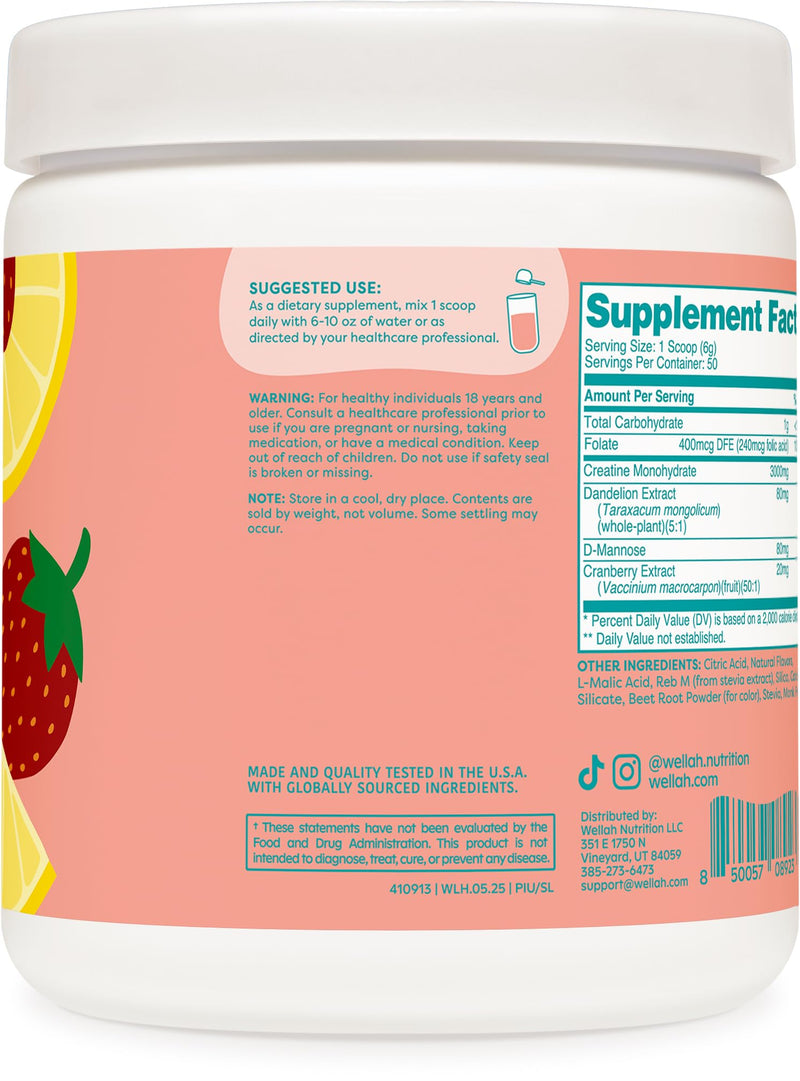 [Australia] - Wellah Creatine for Women (50 Servings, Strawberry Lemonade) - Creatine Monohydrate with Dandelion & Cranberry Extract 9.8 Ounce (Pack of 1) 