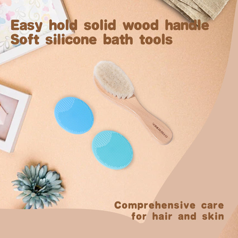 [Australia] - Baby Hair Brush and Cradle Cap Brush Set Goat Hair Bristles Brush 2 Pieces Silicone Cradle Cap Brushes Wood Handle Newborn Brush Kit for Newborns and Toddlers 3 Packs 