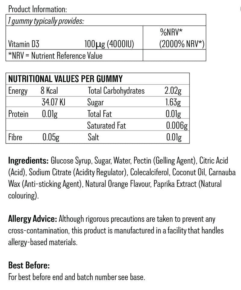 Vitamin D3 4000IU Gummies – High Strength – 150 Orange Flavour Chewable Gummies – Immune, Bone & Muscle Support