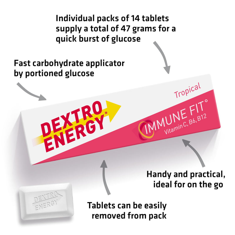 Dextro Energy Tropical Glucose Tablets |Fast Acting Carbohydrates for a Quick Burst of Glucose|with Vitamin C, B6, B12 and folic Acid | 14 Count (Pack of 24)
