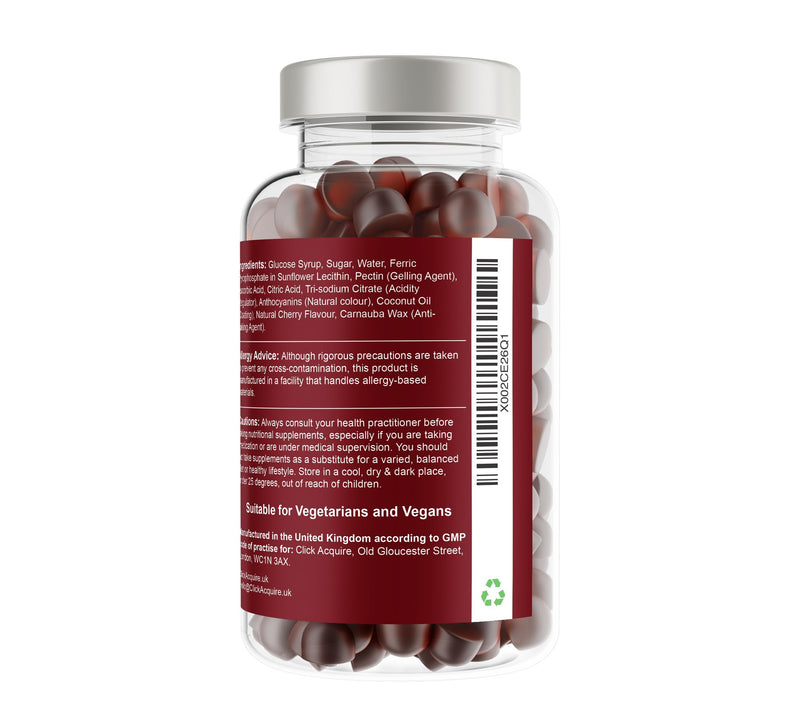 Iron and Vitamin C Gummies for Kids & Adults | 7mg Gentle Iron, 20mg Vitamin C Chewable | Vegan Natural Cherry Flavour | 2 Month Supply