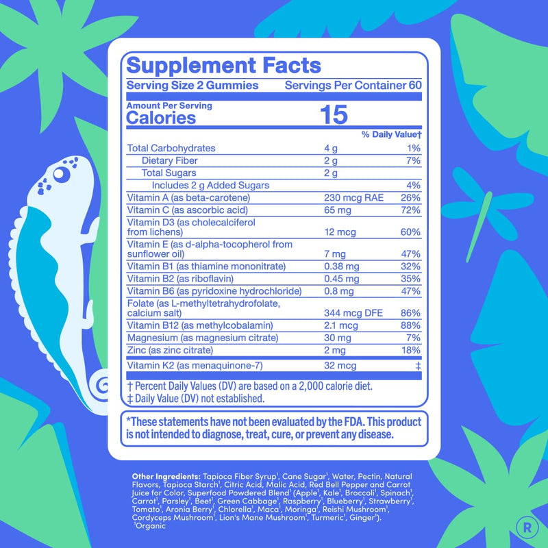 FIRST DAY Vitamins for Teens - Teen Multi Vitamins for Girls & Boys 12-17, Organic Fruit & Veggie Blend - 12 Key Nutrients: Vitamins A, B1, B2, B6, B9, B12, C, D3, E, K2-60 Day Supply 120 (Pack Size 2)