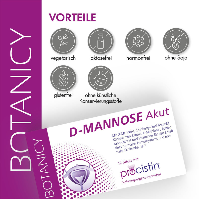 [Australia] - BOTANICY D-Mannose + Cranberry Acute - For cystitis & urinary tract infections - PROCISTIN® D-Mannose powder with cranberry extract - including dandelion, without artificial additives & genetic engineering, pack of 5 (60 sticks) 