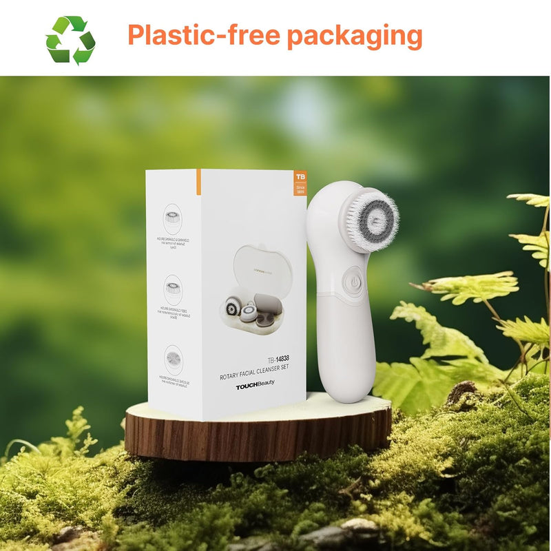 TOUCHBeauty Facial Cleansing Brush Electric, Face Cleansing Brush with Stand, 3 Brush Heads, 2 Speeds, IPX5 Waterproof, Battery-Powered, Suitable for All Skin Types, TB-0759D White