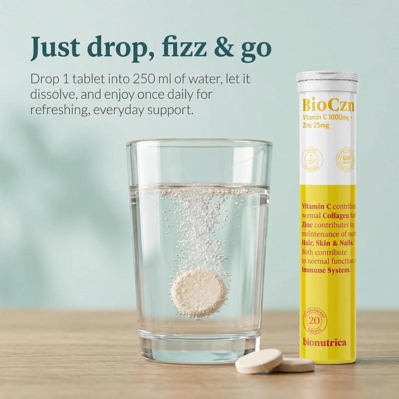 BioCzn Effervescent Vitamin C 1000mg & Zinc 25mg | 60 Tablets | Easy-Dissolve Daily Immune Support | Suitable for Vegans (60)