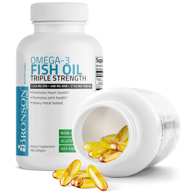 [Australia] - Bronson Omega 3 Fish Oil Triple Strength 2720 mg, High EPA 1250 mg DHA 488 mg, Non-GMO Heavy Metal Tested, 180 Softgels 180 Count (Pack of 1) 