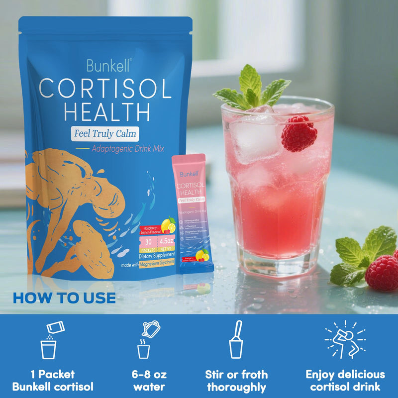 [Australia] - Cortisol Powdered Drink Mix, Made with Magnesium Glycinate, L-Theanine, Ashwagandha & Vitamin D3, Cortisol Supplements for Relaxation, Focus & Calm Support, Raspberry Lemonade Flavor, 30 Ct 