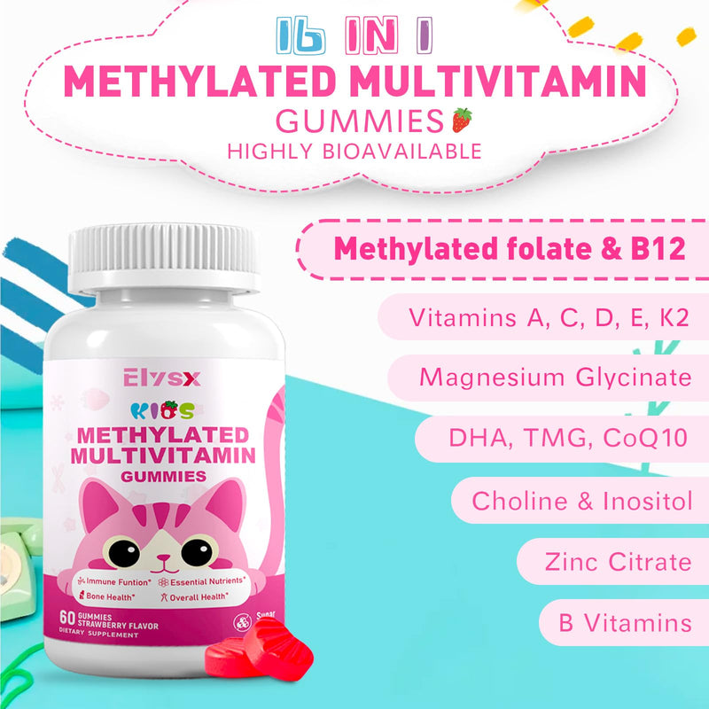 Kids Methylated Multivitamin Chewable Gummies, MTHFR Supplement with L Methylfolate, Magnesium, Biotin, Choline, Inositol, DHA, TMG & Coq 10, Immune & Brain Support, Strawberry Flavor, 120 Ct 60 Count (Pack of 2)