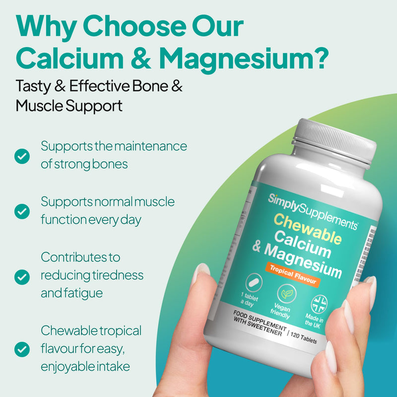 Calcium & Magnesium Chewable Tablets | Supports Bone Strength, Muscle Function & Energy | Tasty Tropical Flavour | Vegan Friendly | 120 Tablets = 4 Months’ Supply | GMP-Certified & UK-Made New Label Design