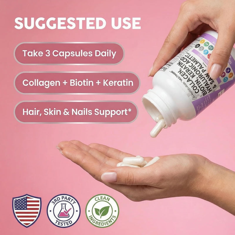 Clean Nutraceuticals Collagen Pills 1000mg Biotin 10000mcg Keratin Saw Palmetto Hyaluronic Acid - Hair Skin & Nails Vitamins & DHT Blocker with Vitamin E Folic Acid Pumpkin Seed MSM - 90 Count 90 Count (Pack of 1)
