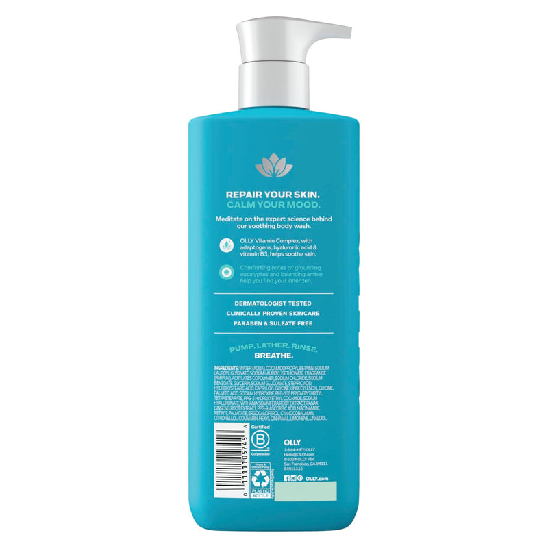 OLLY Calm Body Wash Eucalyptus Amber 17oz with Hyaluronic Acid | Nourishing Cleanser for Skin Barrier Repair, Deep Hydration, Eucalyptus Amber Scent,
