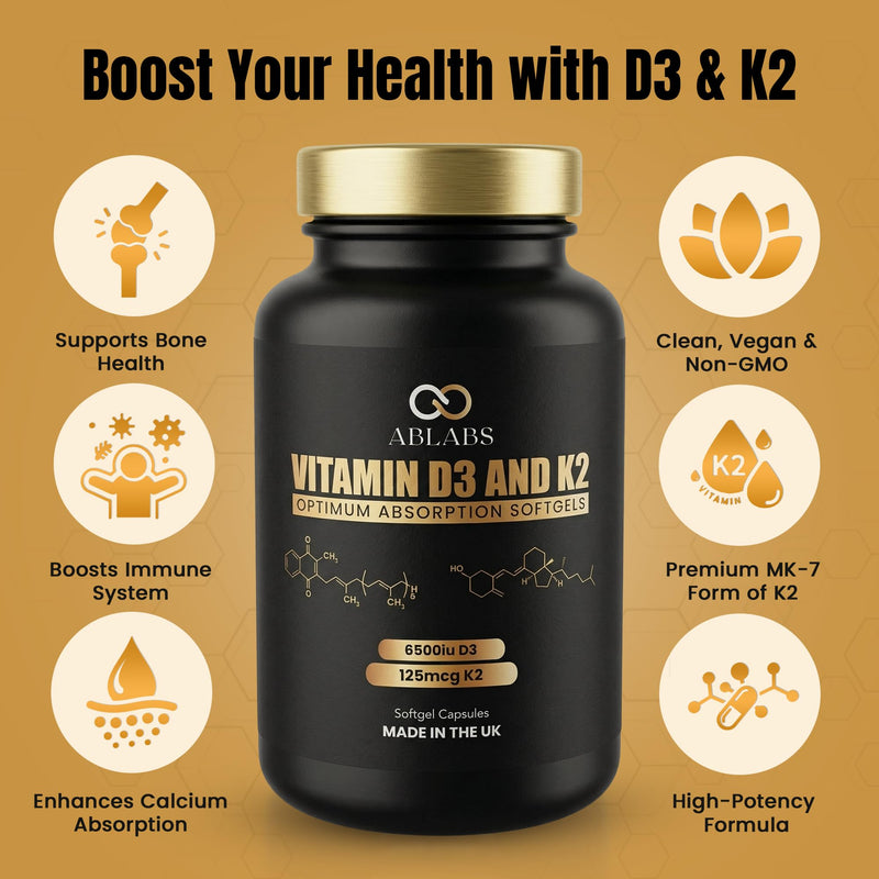 Vitamin D3 (6500iu) & Vitamin K2 MK7 (125μg) Premium Softgel I Ablabs I Made in UK I High-Strength (60) 60