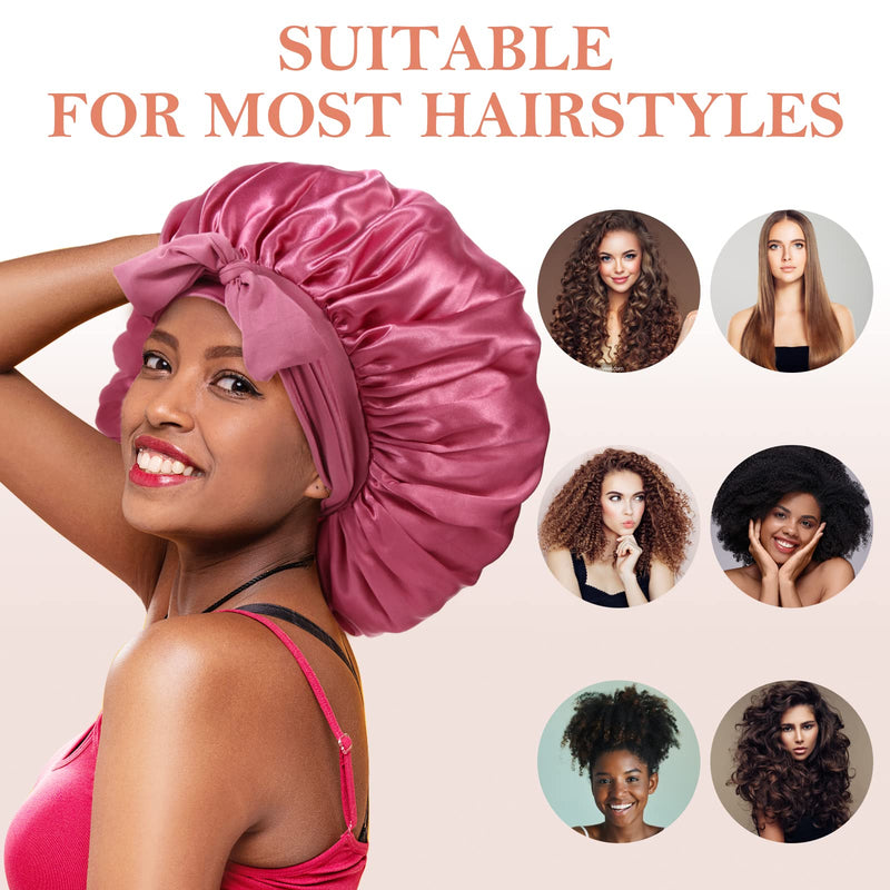 [Australia] - 3Pcs Bonnet for Sleeping, Extra Satin Silk Bonnet for Sleeping Women with Tie Band for Curly Hair Jumbo Bonnet Braids A-01-rose pink, black, champagne 