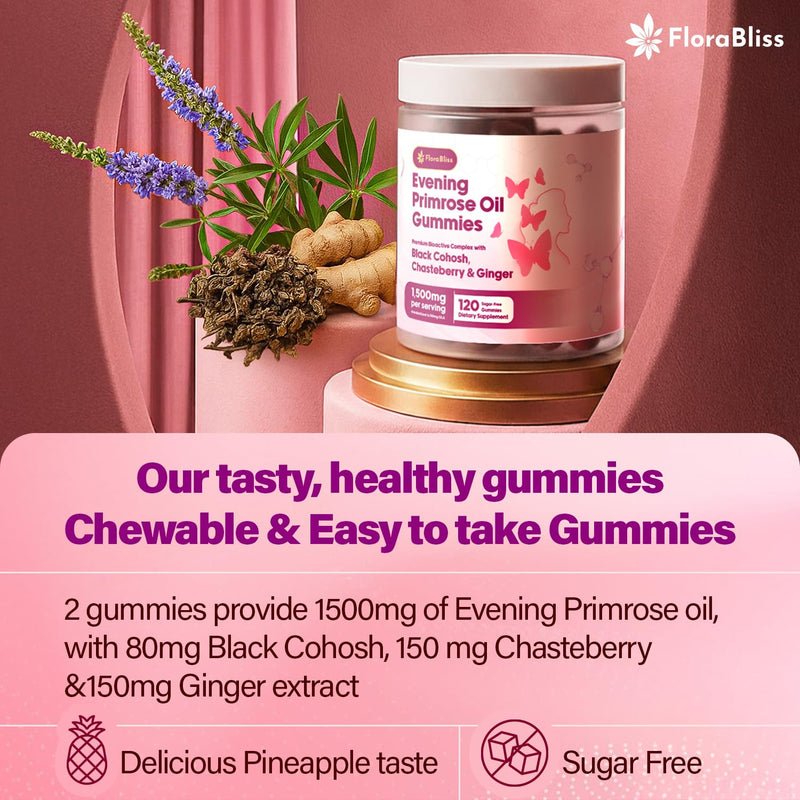 [Australia] - FloraBliss 120 Evening Primrose Oil Gummies | 1500mg | with Black Cohosh, Chasteberry, Ginger Extract for PMS & Menopause Support, Hormonal Balance | Vegan, Non-GMO, Sugar-Free 1 Count (Pack of 120) 