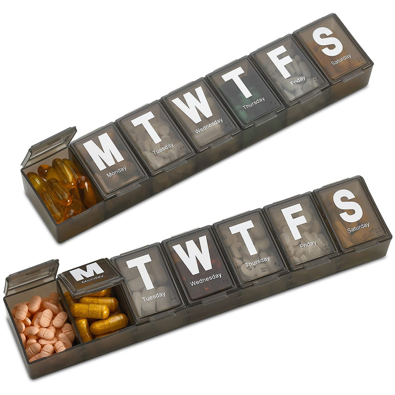 Weekly Pill Organizer - (Pack of 2) Extra Large Vitamin Container with Jumbo Easy to Read Letters, BPA Free - Daily Travel 7 Day Medication Pill Box Case, (Black)