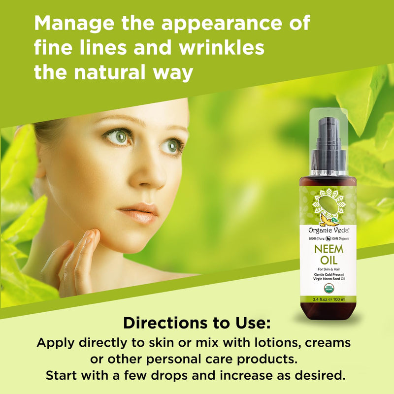 [Australia] - Organic Veda Neem Oil - Pure, Cold Pressed & Organic Neem Oil for Skin, Hair, Face, Body, Scalp - Natural Moisturizer, Virgin Neem seed oil - Rich in Vitamin E, Fatty Acids, Antioxidants - 3.4 fl oz 