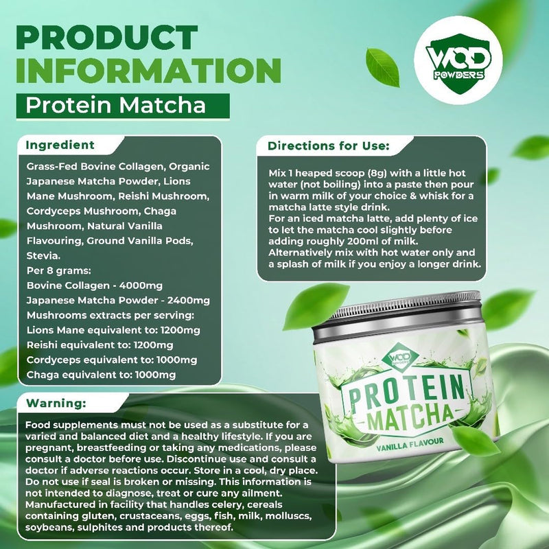 Protein Matcha Powder Vanilla | Ceremonial Grade Organic Japanese Matcha with Grass-fed Bovine Collagen & Functional Mushroom Extracts | 240g Tub with Scoop | High Protein - Made by WOD Powders