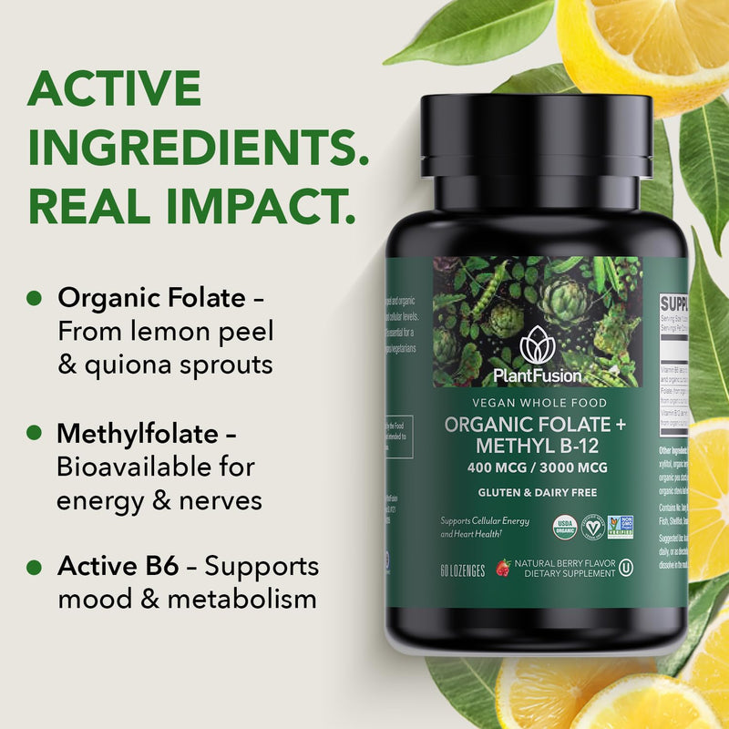 PlantFusion Organic Methylated Vitamin B Complex – Vegan B12 3000mcg, Folate 680mcg DFE, B6 from Organic Sprouts – Berry-Flavored Lozenges – 60 Count