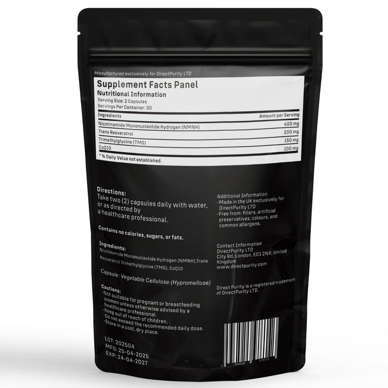 NMNH Supplement 600 mg, with Trans Resveratrol, CoQ10 and TMG, NMNH and resveratrol Supplements Support Cellular Health and Healthy Aging. Boost Vitality and Combat Aging. 1