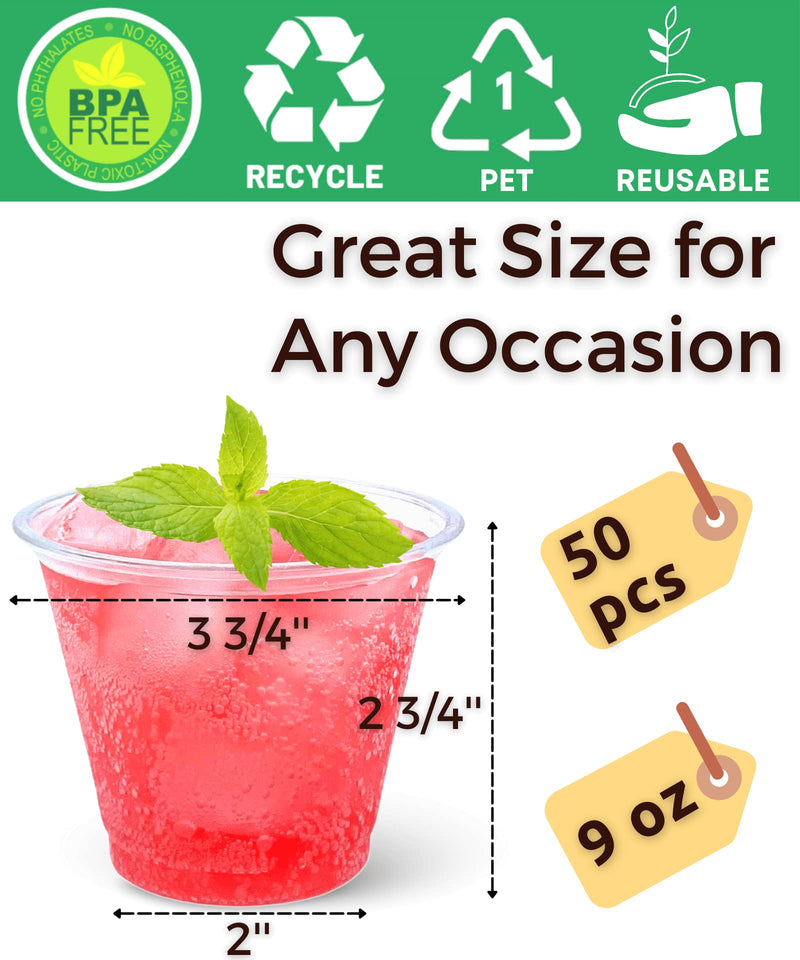 [Australia] - Aatriet 9 oz Clear Plastic Drinking Cups, 50 Pack Classic Clear Disposable Wine Cups for Wedding & Party, Elegant Cocktail Cups, Plastic Tumblers for Iced Coffee, Cold Beverage Plastic Cups-9 oz (No Lids) 