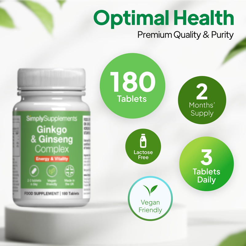 Ginkgo & Ginseng Complex | Standardised Extracts for Mental Performance & Energy | Iron & Vitamin B6 for Cognitive Function & Fatigue Reduction | 180 Tablets = 2 Months' Supply 180 count (Pack of 1)