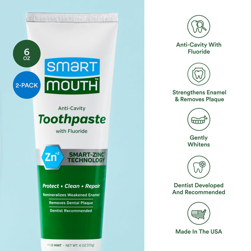 [Australia] - SmartMouth Premium Zinc Ion Toothpaste - Whitening - with Fluoride - Refreshing, Anti-Cavity Toothpaste for Adults - Strengthens Enamel - Mild Mint Flavor, 6 oz (2 Pack) 