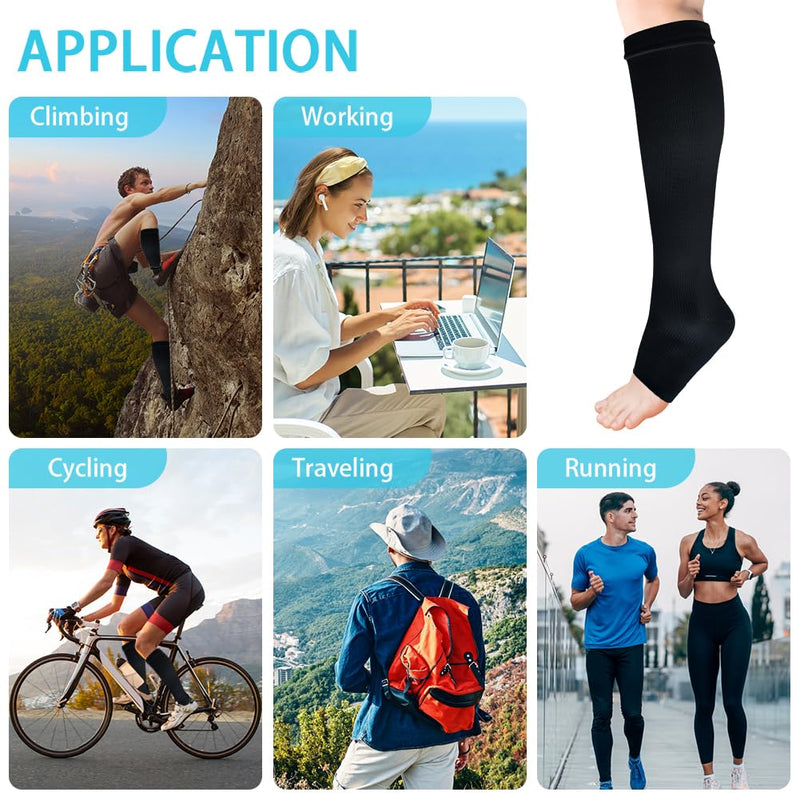 [Australia] - ACWOO compression stockings for women and men, 2 pairs of support stockings, medical compression socks with 15-20 mmhg thrombosis stockings, open toe compression socks for running, sports, flights, cycling (black) 2 pairs - one size black 