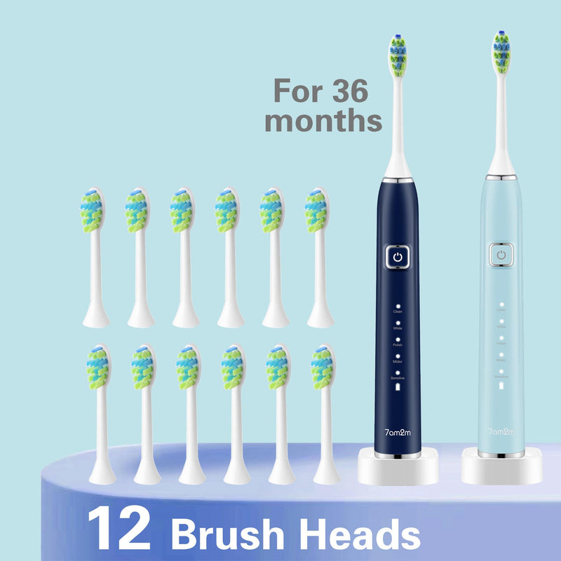 [Australia] - 7AM2M Electric Toothbrush 2 Pack Set for Adults, 12 Replacement Brush Heads, 5 Adjustable Modes, Built-in 2-Minute Smart Timer, Fast Charge for 60 Days, IPX7 Waterproof, Navy & Light Blue Navy Blue & Light Blue 