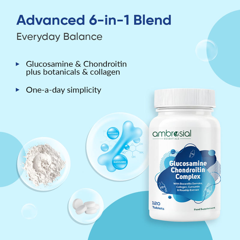 Ambrosial Glucosamine Chondroitin High Strength with Collagen, Curcumin, Boswellia & Rosehip – 6-in-1 Formula for Men & Women – Non-GMO, GMP Certified, 120 Tablets (4 Months Supply)