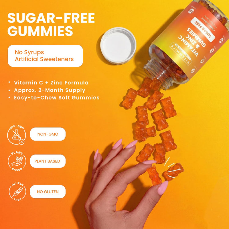 Vitammies Vegan Sugar Free Vitamin C and Zinc Gummies – Chewable Orange Lemonade Flavor Gummies Vitamins Adults and Kids – 200mg Vitamin C Per Serving for Daily Wellness (120 Units)
