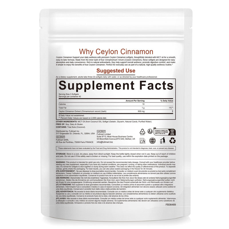 Ceylon Cinnamon Softgels with MCT Oil – 600mg Cinnamomum Verum Extract, High Absorption Formula for Daily Wellness Support – Antioxidant & Digestive Comfort – Non-GMO, Gluten-Free – 120 Softgels