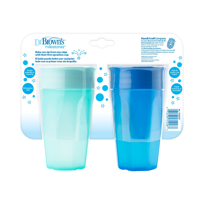 [Australia] - Dr. Brown's Milestones Cheers 360 Training Cup for Toddlers & Babies, Leak-Free Sippy Cup, Blue/Aqua, 10oz/300mL, 9m+, 2 Pack (Colors May Vary) 10 oz, Blue & Aqua 