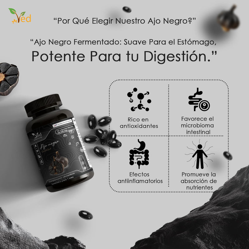 VED GarliGut, 90 Softgels, Fermented & Odorless Black Garlic Supplement with chamomile flower, peppermint leaf, caraway fruit, angelica archangelica root, rosemary leaf, Non-GMO, Halal, 3 Softgels/Day