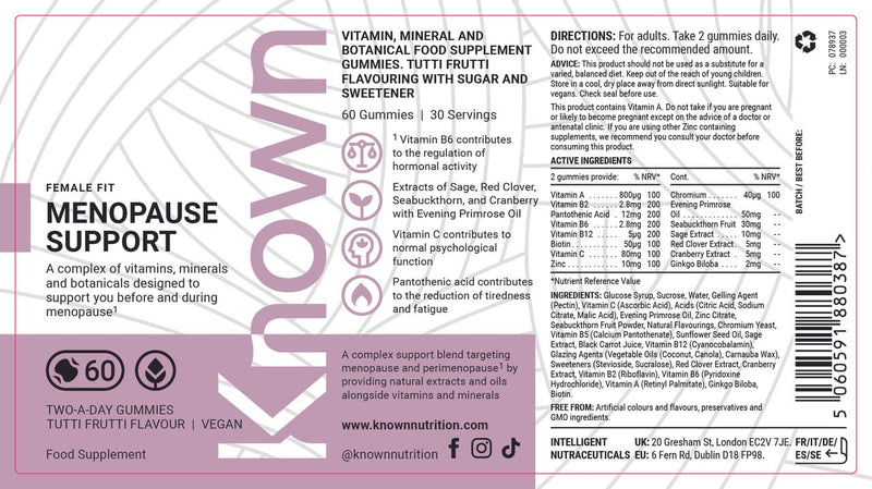 Known Menopause Support Gummies – Tutti Frutti Flavour – Vegan Multivitamin Gummy Supplement with Evening Primrose Oil, Sage, Red Clover & Vitamins – Perimenopause & Postmenopause – 1 Month Supply 30 Days Supply