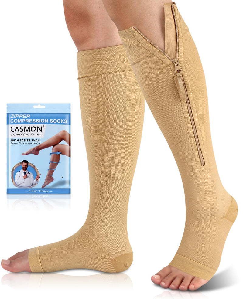 CASMON 15-20mmHg Zipper Compression Socks for Women and Men, Knee High Compression Stockings, Medical Open Toe Support Socks for Varicose Veins, Post-surgery, Swelling, Nurses, Pregnancy (1 Pair) X-Large Beige