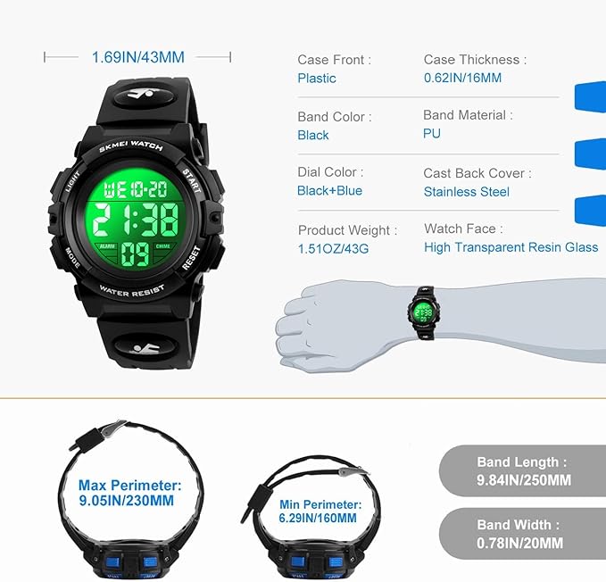 [Australia] - Kids Watch,Boys Watch for 3-12 Year Old Boys,Digital Sport Outdoor Multifunctional Chronograph LED 50 M Waterproof Alarm Calendar Analog Watch for Children with Silicone Band 01-Black 