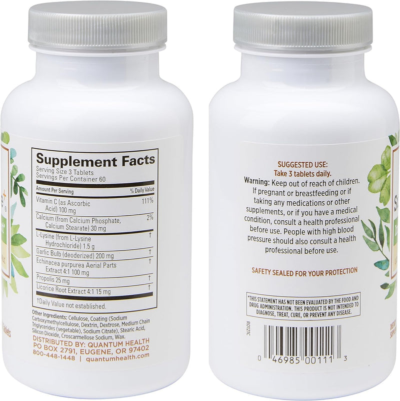 Quantum Health SuperLysine+ 1500mg L-lysine Immune, 180 Tablets (Pack of 2) | Essential Amino Acid, Vitamin C, Echinacea, Licorice, Bee Propolis & Odorless Garlic, Daily Formula Unflavored 180 Count (Pack of 2)