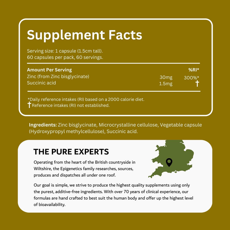 Zinc + Succinic Acid 30 | 30mg Zinc Bisglycinate with 1.5mg Succinic Acid Supplements | High Strength Mineral Supplement | 60 Vegan Friendly Capsules UK Made | 1 Capsule Daily | Long Two Month Supply