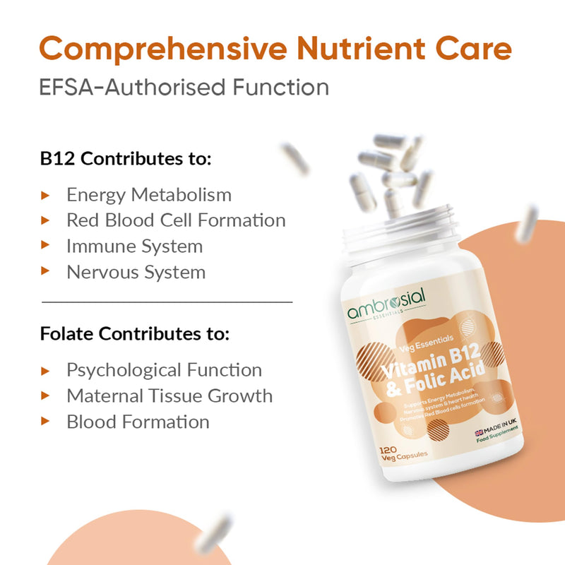 Ambrosial Vitamin B12 1000 mcg (Cyanocobalamin) & Folic Acid Tablets 500 mcg – Dual Formula in One Capsule – B12 Supplement for Women & Men –Vegan, GMP Certified – 120 Capsules (4 Months Supply)
