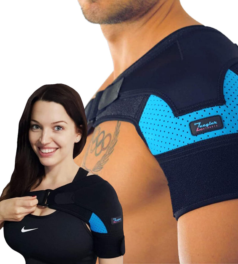 Shoulder Brace for Women and Men - Support for Torn Rotator Cuff, AC Joint Pain Relief and Dislocated Shoulder. Compression Sleeve, Arm Immobilizer Wrap, Stability Strap + Free Extension, Left-Right Small-Medium 1 Pack Blue