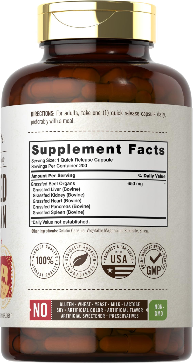 [Australia] - Carlyle Grass Fed Beef Organ Complex | 200 Capsules | Pasture Raised, Grain Free Supplement | with Desiccated Liver, Kidney, Pancreas, Heart, Spleen | Non-GMO, Gluten Free | by Herbage Farmstead 