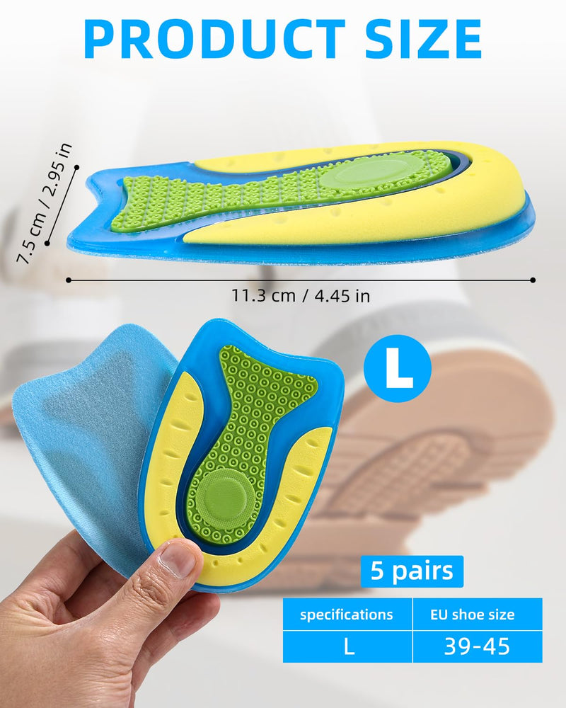 [Australia] - Toaren 5 pairs of heel spur insoles (size L) heel pads made of silicone gel, heel cushion orthopedic, women and men, heel gel cushion, soft gel insoles for relief from plantar fasciitis and heel spurs 5 blue 