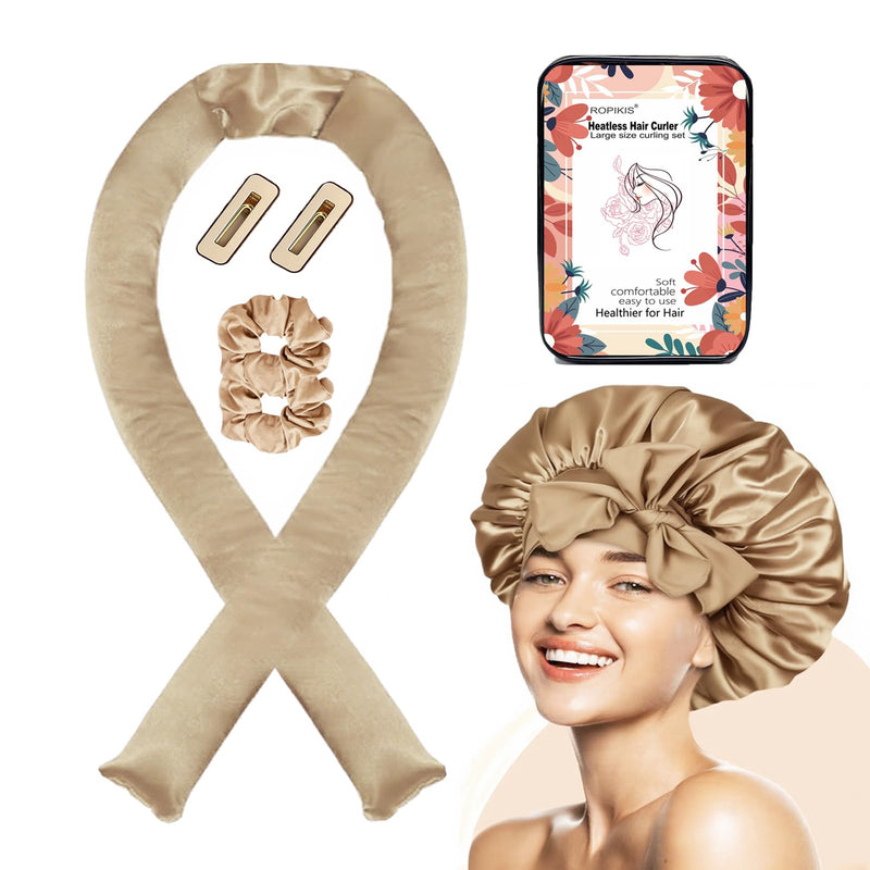 Jumbo Satin Heatless Curler Set 7pcs with Bonnet & Clips, For Big Voluminous Waves Overnight Sleeping No Damage Hair Styling Tools Long Hair Friendly Naturally Fluffy XL Heatless hair curlers-Khaki