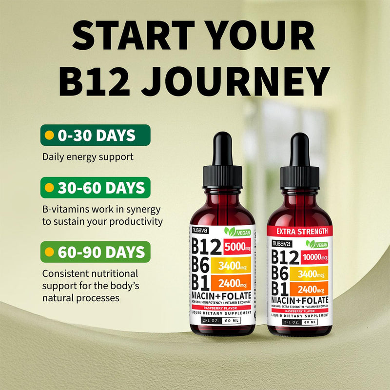 NUSAVA Vitamin B12 Liquid Drops and Unflavored D3 K2 Bundle — Daily Wellness Liquid Vitamins for Energy & Immune Support — Non-GMO, Gluten-Free, 2pk Each