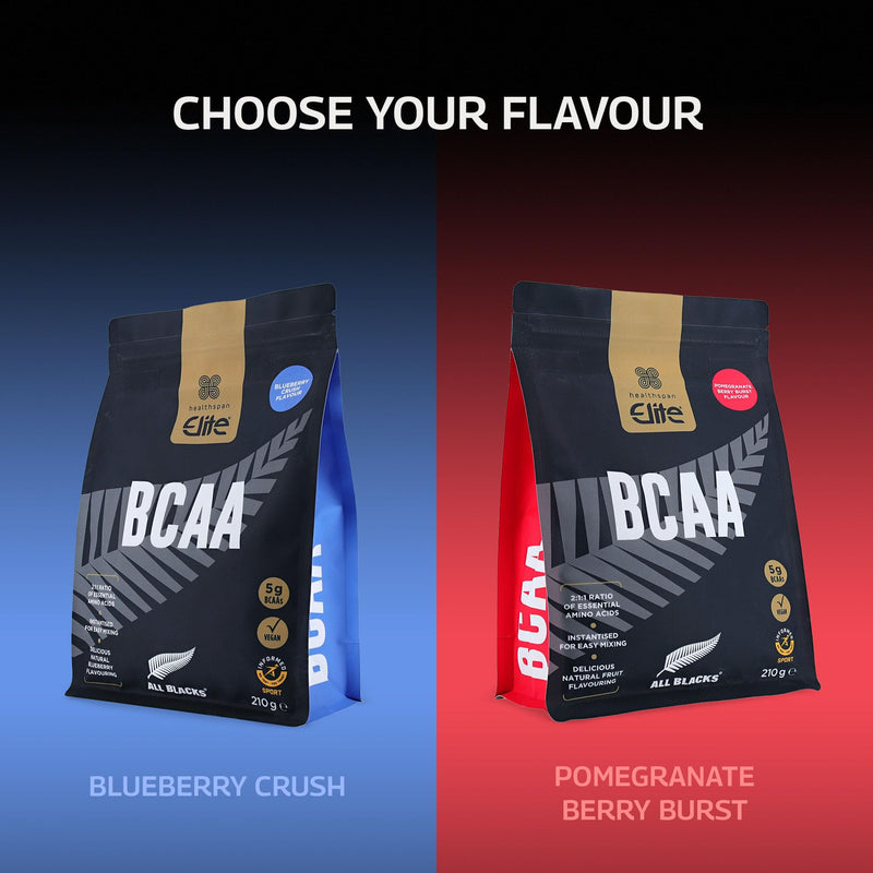 Healthspan Elite All Blacks BCAAs | Pomegranate Berry Burst Flavour | 5g BCAAs for Post-Workout Recovery| 2:1:1 Ratio Backed by Science | L-Leucine, L-Isoleucine, and L-Valine