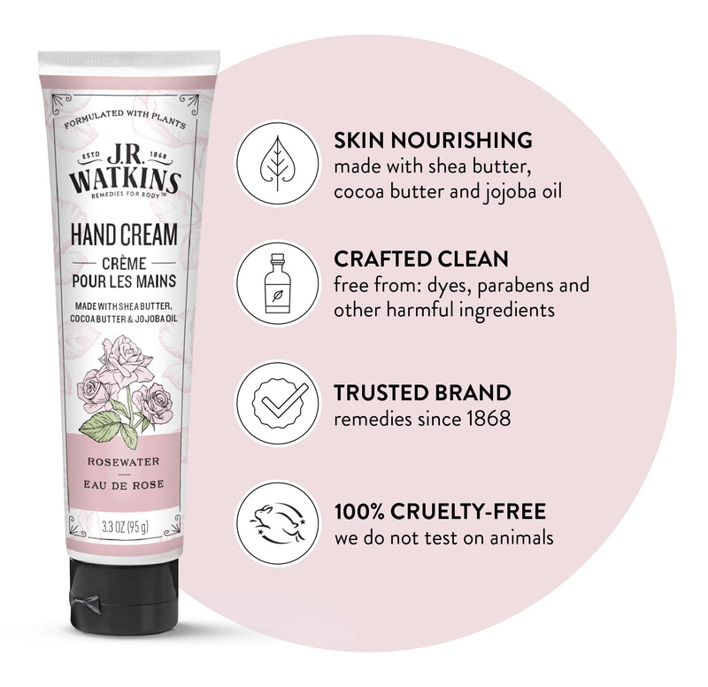 [Australia] - J.R. Watkins Natural Moisturizing Hand Cream, Hydrating Hand Moisturizer with Shea Butter, Cocoa Butter, and Avocado Oil, Cruelty Free, 3.3oz, Rosewater, 3 Pack 3.3 Ounce (Pack of 3) 
