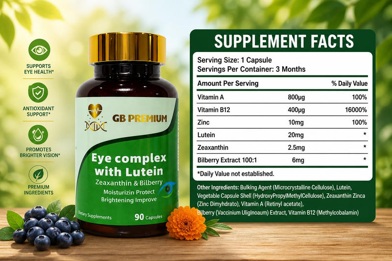 Eye Complex with Lutein, Zeaxanthin & Bilberry Extract, Eye Health Supplement, Vision Support Capsules with Vitamin A, B12 & Zinc, 90 Capsules
