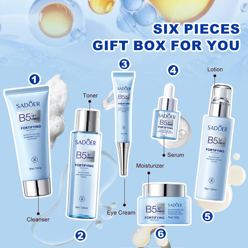 For SADOER B5 Vitamin Skincare Set, 6 Piece Barrier Repair Facial Kit, Hydrate Radiance Boost Anti-Aging,for All Skin, Self Care Gifts for Women Mom Wife Teen Girl for Valentine Christmas