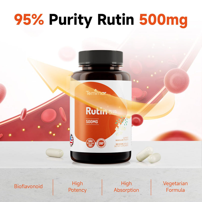 Rutin 500mg Supplement, Flavonoids Supplements from Sophora Japonica, Supports Vascular Health & Antioxidents, Gluten-Free, Made in USA, 360 Vegan Capsules 180 Count (Pack of 2)