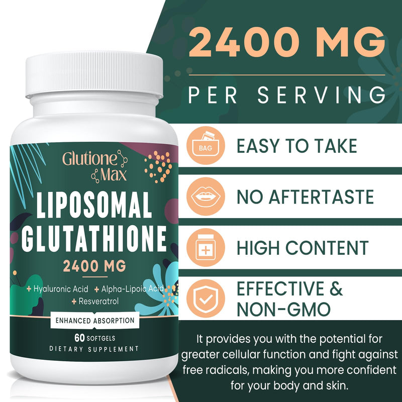 [Australia] - 2400MG Liposomal Glutathione | Max Absorption | Glutathione Supplement with Hyaluronic Acid, Resveratrol, L - Glutathione Reduced, Non - GMO Antioxidant , Energy, 60 Softgels 60 Count (Pack of 1) 